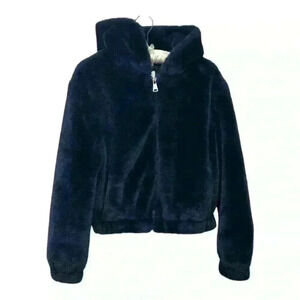 Avec Les Filles Navy Faux Fur Zip-Up Bomber Jacket with Hood, Size XS